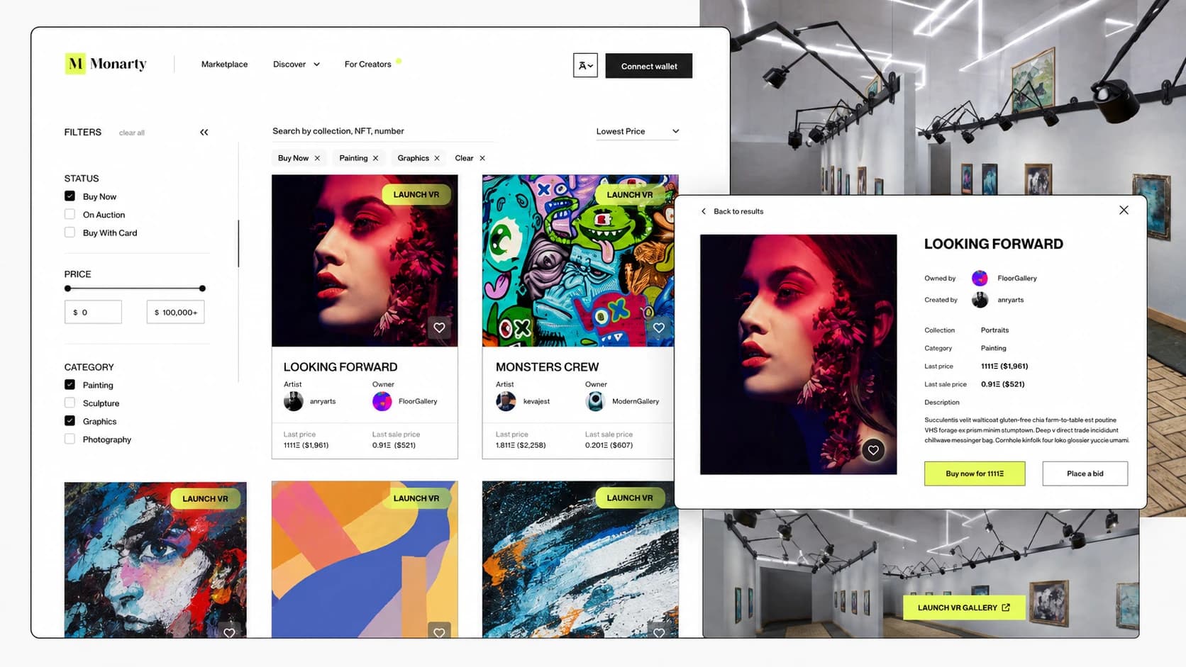 Marketplace Monarty z kartami dzieł i twórców