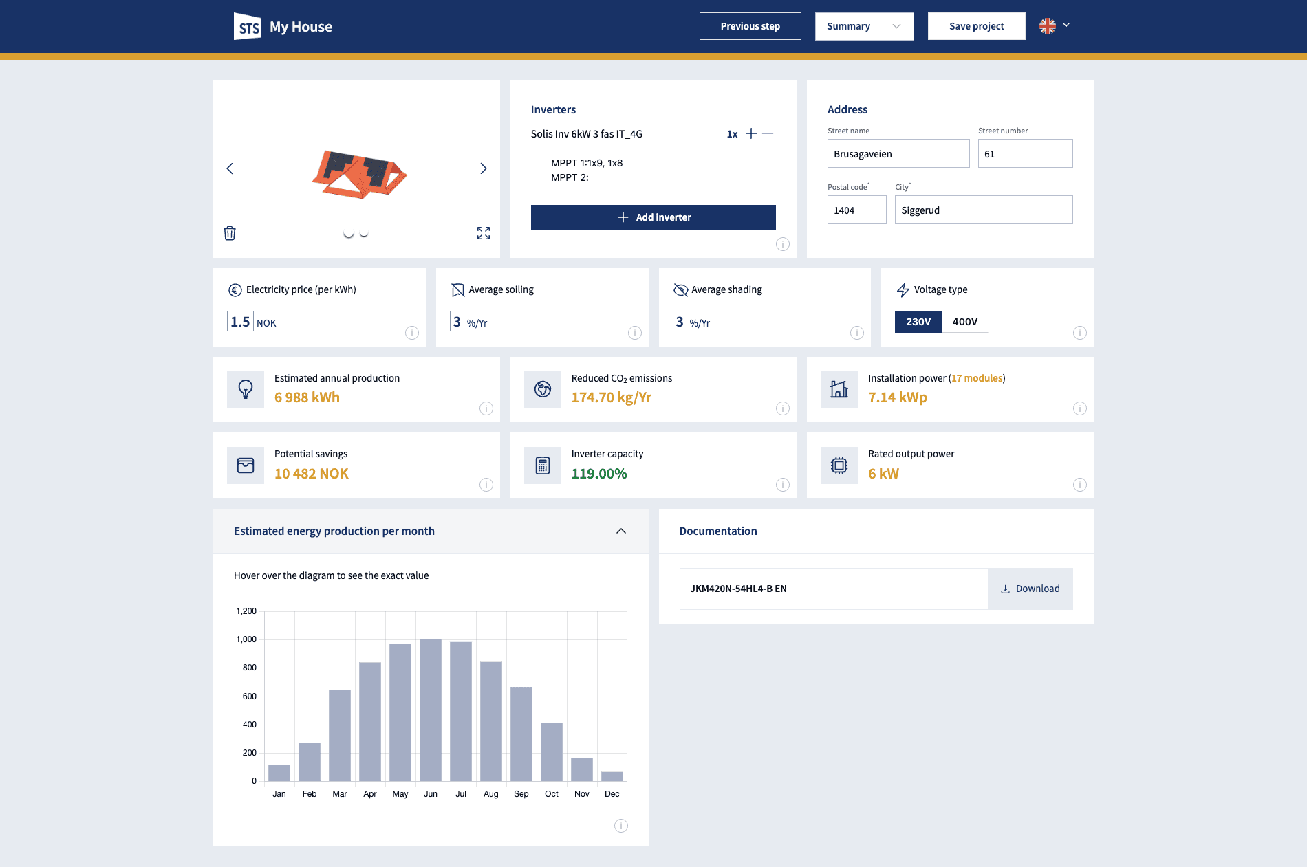 Project and economics summary — One view combines components, installation parameters, production forecasts, savings, and documentation.
