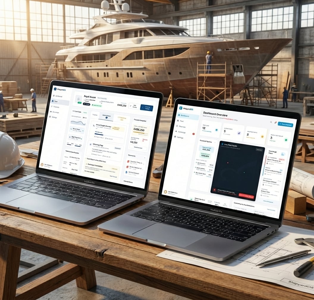 Two laptops with ShipyardOS panel and yacht view, yacht in the background