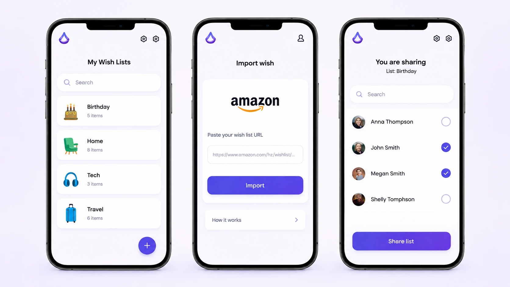 Beri Gifts screens for creating, importing, and sharing wish lists