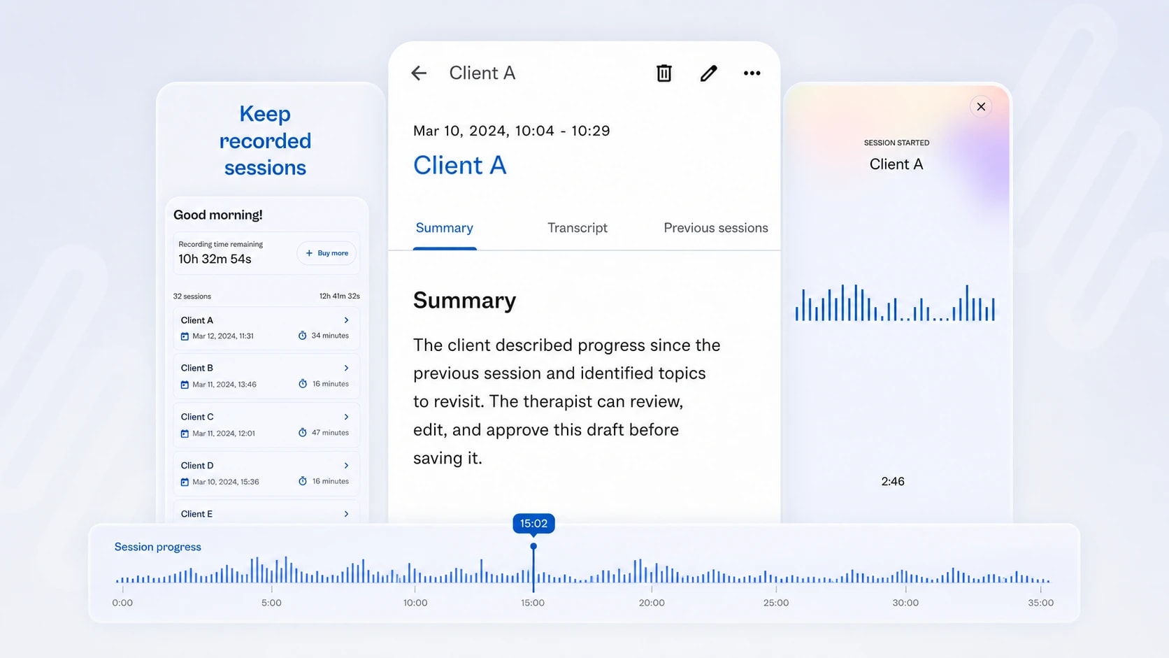 Cognic AI interface with a session list, summary, and recording timeline