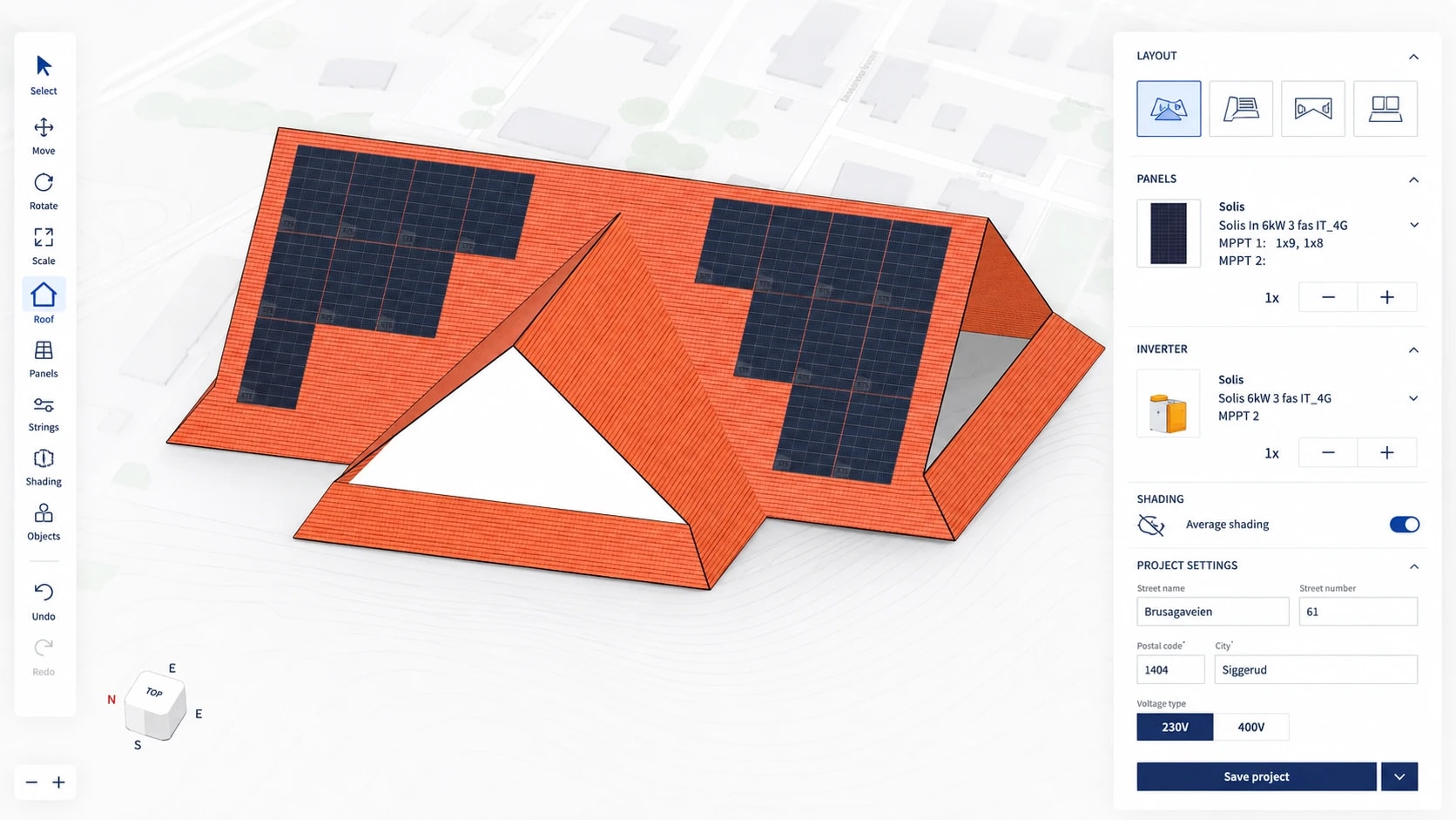 3D editor for roof geometry, photovoltaic panels, and installation parameters
