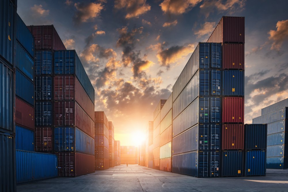 container cargo port ship yard during sunset